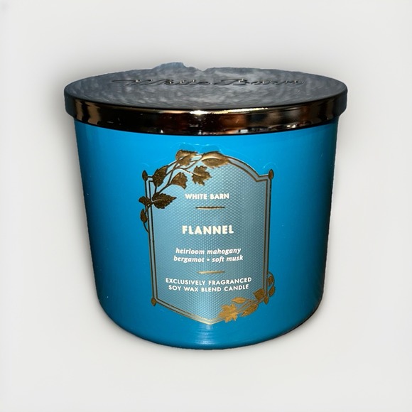 Bath & Body Works White Barn FLANNEL 3-Wick Candle 14.5 oz Blue Gold Leaves Fall - Picture 1 of 4
